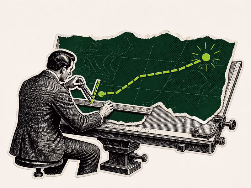 An analyst measures a route with a start, objective, and protective stop before moving.